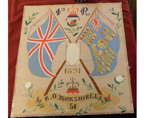 Victorian Kings Own Yorkshire Light Infantry Regiment (51st Regiment of Foot) 1891 stitched panel tapestry, with a central cr