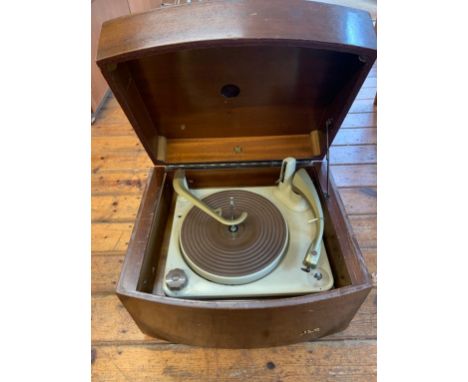 Pye Record Player In Wooden Case. A vintage Pye portable gramophone with Monarch record changer playing deck, c.1955. Some sc