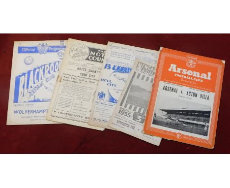 Arsenal v Aston Villa 1954 Programme, Newcastle v Stoke 1955-56, Bury v Hull City 1953, Notts County v York City 1955, Blackp