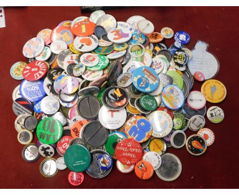 Button Badge Collection. Box of assorted badges from 1970's, 1980's and some later. Approx 100 badges.