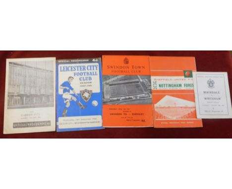 Leeds United v Cardiff City 1963 programme. Leicester City v Wolverhampton Wanderers 1960. Rochdale v Wrexham 1962. Swindon T