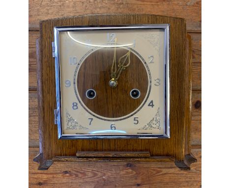 British made 1930s Smiths (English Clocks Ltd) Art Deco Enfield Chime mantel clock, light oak body with chromed dial. Needs s