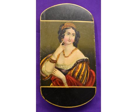 Miniature Oil Paintings. On Glasses Case. Titillating Erotica Risque piggy back river scene one side. With Ladies Portrait on
