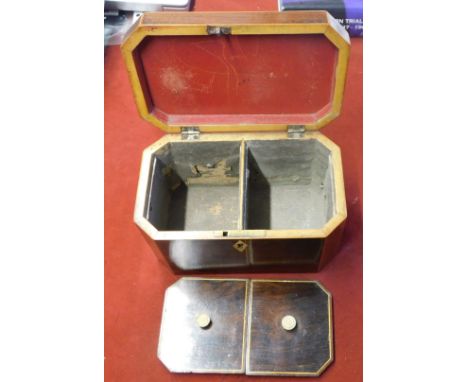 Tea Caddy early 19th Wood construction. Hinged lid revealing two inner partitions, both with handles and inlaid lids. Very go