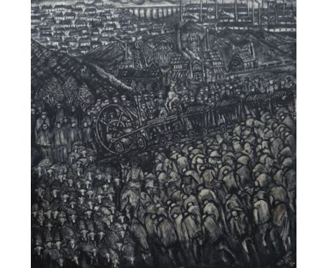 NICK EVANS large oil on board - expansive and powerful depiction of a mining community with houses, smoking chimneys, collier