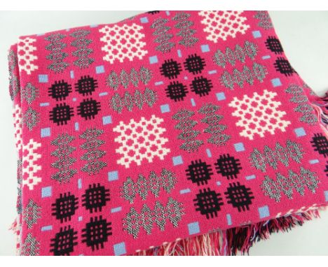VINTAGE WELSH TAPESTRY REVERSIBLE BLANKET of geometric design, pink ground with black, grey and white detail, fringe, 206 x 2