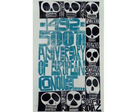 PAUL PETER PIECH two colour lithograph on gloss paper - critique on colonialism with series of skulls with a list of historic