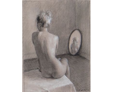 HARRY HOLLAND chalk on paper - figure with mirror, entitled verso on Martin Tinney Gallery label verso 'Study for Gulls', 200