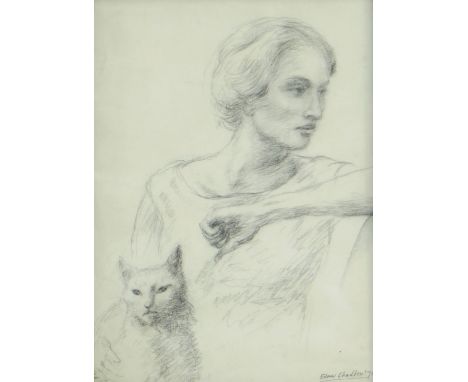 EVAN CHARLTON pencil drawing - portrait of a lady with cat, entitled verso 'Woman with Cat', signed and dated 1976, 37 x 27cm