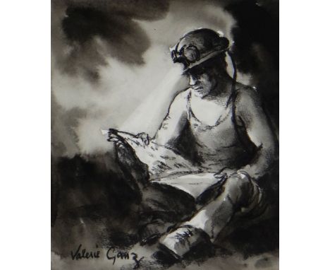 VALERIE GANZ charcoal and ink - seated miner reading with his helmet torch light, entitled verso 'Catching up with the News',