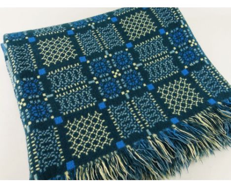 VINTAGE WELSH TAPESTRY BLANKET of geometric design, racing-green ground with yellow and blue detail, fringe, 210 x 150cms Pro