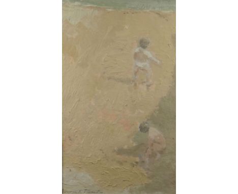 GORDON STUART oil on board - two infants playing on a sandy beach, signed, 45 x 27cms Provenance: estate of Mair Stuart decea
