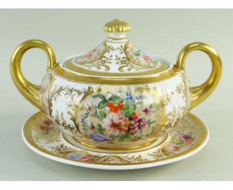 A SWANSEA PORCELAIN SUCRIER &amp; STAND with Paris flute moulding, tapering twin handles with moulded terminal, mushroom knop