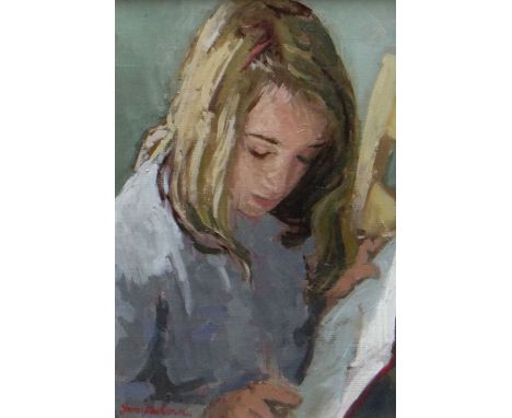JAMES MACKEOWN oil on canvas - portrait of a student girl, entitled verso 'Reading', signed, 38 x 25cms Provenance: private c