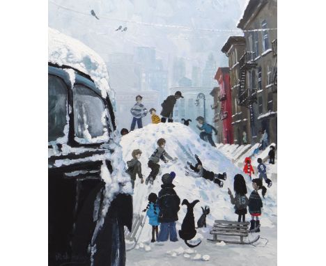 NICK HOLLY oil on canvas - children playing on a mound of snow in a street with skyscrapers beyond, entitled verso 'Fun in th