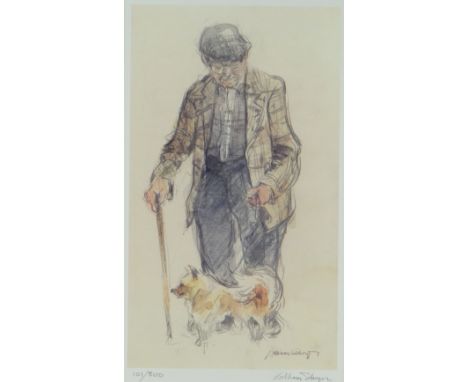 WILLIAM SELWYN coloured limited edition (101/500) print - farmer with stick and dog, signed in full, 37.5 x 22cms Provenance: