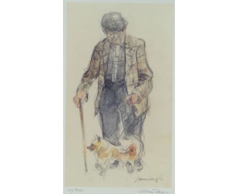 WILLIAM SELWYN coloured limited edition (101/500) print - farmer with stick and dog, signed in full, 37.5 x 22cms Provenance: