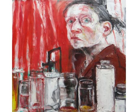 SHANI RHYS JAMES oil on canvas - self portrait with jars and red background, entitled verso on Martin Tinney Gallery label 'T
