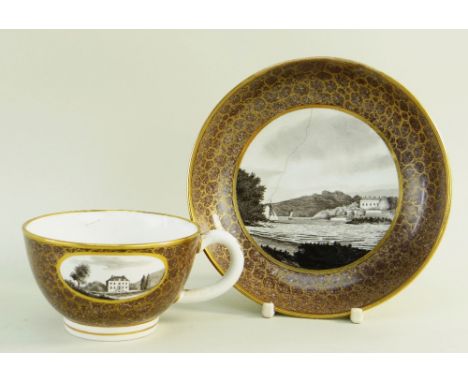 A RARE SWANSEA PEARLWARE CABARET TEA CUP &amp; SAUCER PAINTED WITH SCENES BY WILLIAM WESTON YOUNG, circa 1805, finely painted