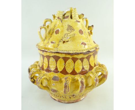 AN IMPORTANT EWENNY POTTERY SLIPWARE WASSAIL BOWL &amp; COVER, DATED 1823 glazed in yellow over red with sgraffito decoration