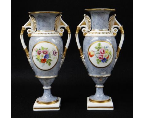 A PAIR OF SWANSEA PORCELAIN VASES circa 1814-1818, of ovoid form over a circular feet on square platform bases and with ornat