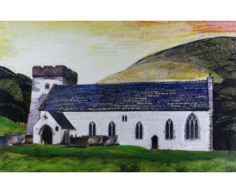 OGWYN DAVIES limited edition (16/25) colour print - historic Vale of Glamorgan village church St Cadog of Llancarfan, overlai