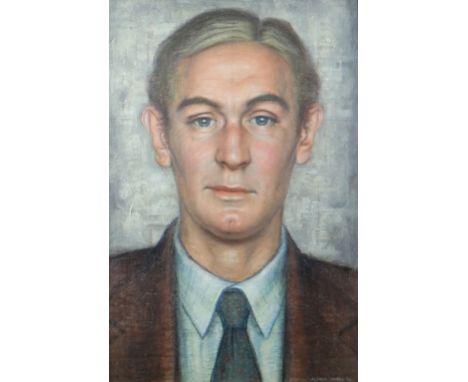 ALFRED JANES mixed media - head and shoulders portrait of a middle aged man in suit with tie, entitled verso 'Not Dylan Thoma