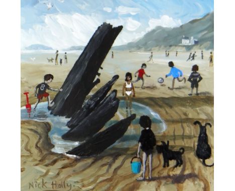 NICK HOLLY acrylic - children playing on beach watched on by dogs, signed, 27.5 x 27.5cms Provenance: private collection Card