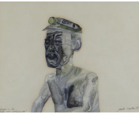 JACK CRABTREE mixed media - head and shoulders portrait of a miner with bare-chest, titled 'Joseph in the Locker Room at Lyne