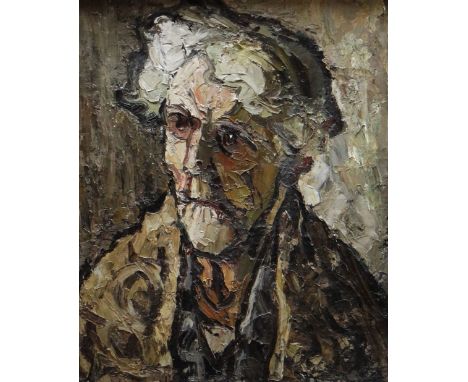 SIR KYFFIN WILLIAMS RA oil on canvas - head and shoulders portrait, entitled verso 'Portrait of Mrs Money', 1950s, signed ver