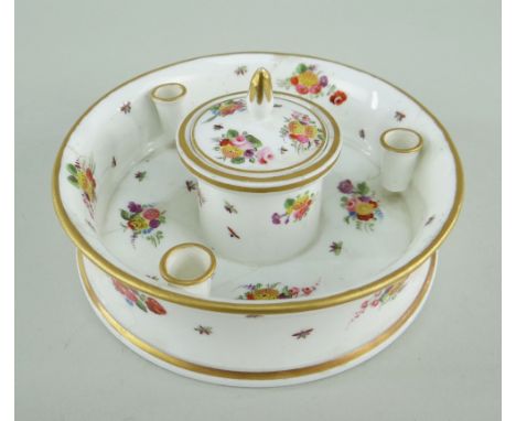 A RARE SWANSEA PORCELAIN INKSTAND in the form of a shallow dish with everted rim, centre circular covered inkwell and three i