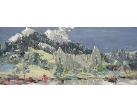 CHARLES WYATT WARREN oil on board - entitled verso 'Abaty Glynygroes, Ger Llangollen', (Glynygroes Priory, near Llangollen), 