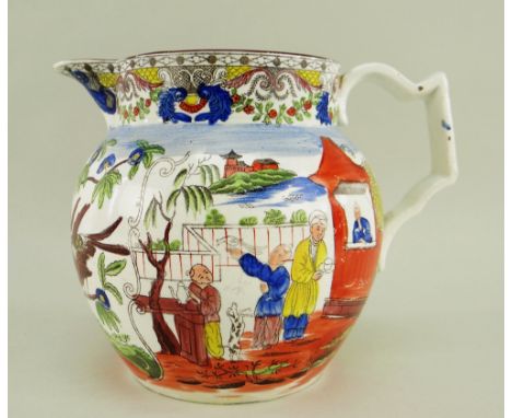 A BELIEVED SWANSEA PEARLWARE POTTERY MANDARIN JUG colourfully decorated with opposing scenes of attendees bringing tea while 
