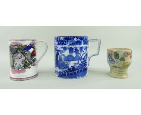 TWO POTTERY MUGS &amp; ONE BEAKER FROM SIR LESLIE JOSEPH'S COLLECTION comprising (1) large Cambrian 'Boy with Whip' transfer 