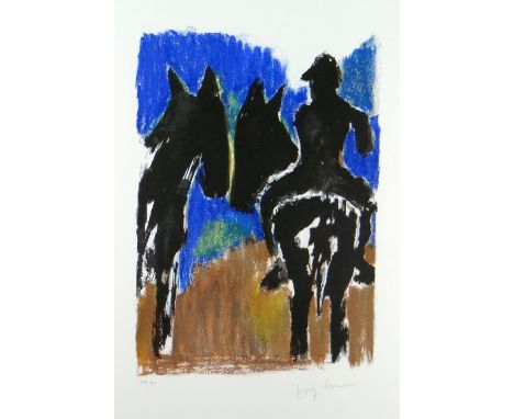 JOSEF HERMAN OBE RA limited edition (57/150) lithograph - figure on a mule with another mule to his side, signed, 61 x 52cms 