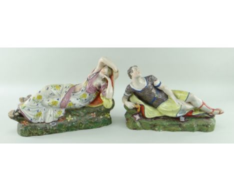 A RARE PAIR OF SWANSEA EARTHENWARE FIGURES OF ANTHONY &amp; CLEOPATRA circa 1791, attributed to G. Bentley of Cambrian Potter