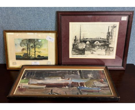 R.G Neeves, winter landscape, mixed media, MS, boats in a harbour at low tide, oil on board and a Gwen Whicker etching of Bri