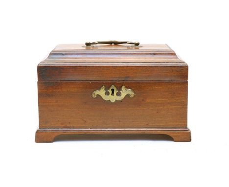 A George III mahogany tea caddy, with brass handle and escutcheon on bracket feet, 22cm wide, 13cm deep, 14.5cm high,Conditio