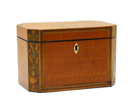 A George III satinwood tea caddy, with inlaid decoration and bone escutcheon, enclosing a two division interior, 19.5cm wide,