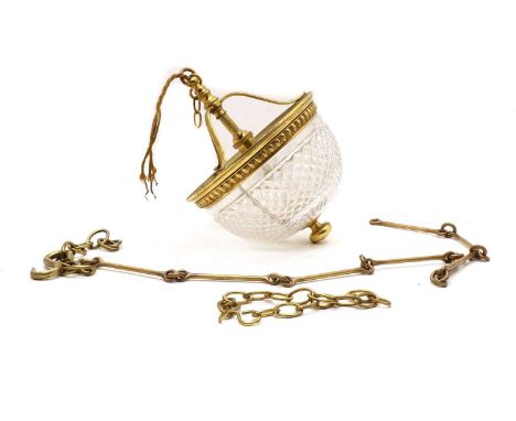 A cut-glass and brass ceiling light, the hobnail cut clear glass bell form shade on circular oval cast brass fixture, 22cm di