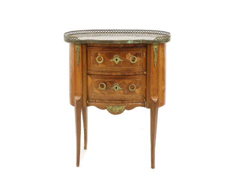 A small French kingwood and parquetry inlaid oval commode, early 20th century, in the transitional style, the brass galleried