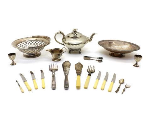 Silver-plated items, six cased teaspoons, a cased set of fruit knives and forks, with mother of pearl handles, two baskets, 2