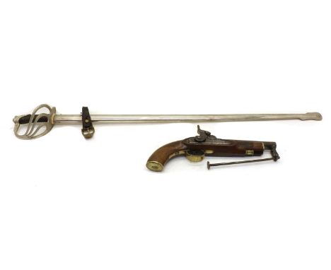 A 19th century percussion pistol and a Spanish sword, the pistol with proof marks to barrel and hinged ramrod. 34cm long, the