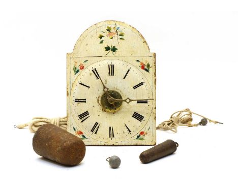 A small 19th century continental 'postman's alarm' wall clock, the arched painted wooden dial with central brass alarm dial, 