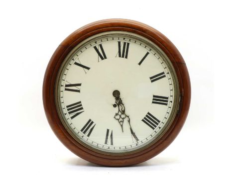 A 19th century mahogany cased single fusee wall clock, the painted dial with Roman numerals, with key and pendulum, 39cm wide