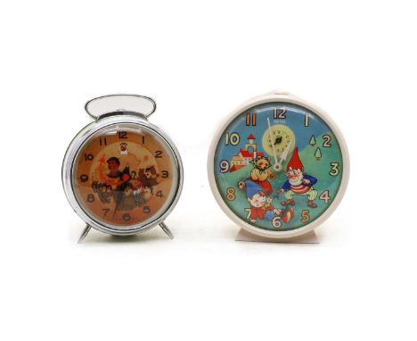 A Chairman Mao alarm clock, with a waving arm and plane seconds hand and a Smiths Noddy and Big Ears alarm clock with nodding