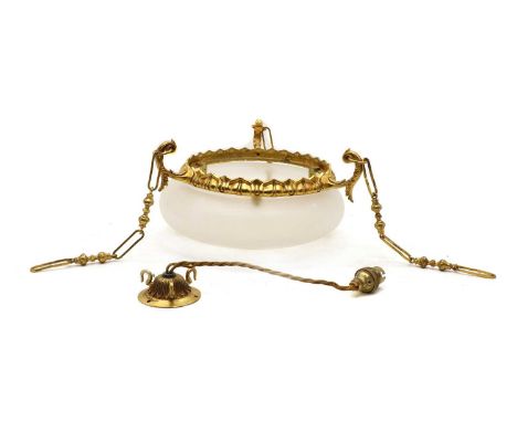 A satin glass and gilt metal ceiling light, the circular stack on cast frame with leaf decorated fixtures, 33cm diameterCondi