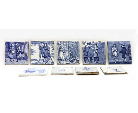 Six Victorian blue and white ceramic tiles, five seasons by Wedgwood: January, February, August, September, December, another