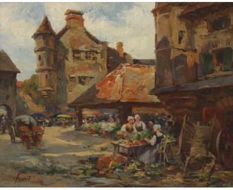 Andre Fossey (19th/20th century)A market square with women buying vegetables in the foregroundsigned 'Fossey' l.l. oil on can