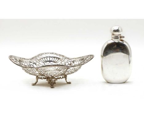 A silver hip flask, maker WW, Sheffield 1997, 13cm high, together with a pierced silver dish, of lobed form, by James Dixon &